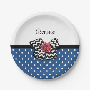 Assiettes En Carton Jolis points bleus Rose rouge Chevron Ruban et nom