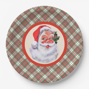 Assiettes En Carton Jolly Santa Claus Christmas Plaid Party