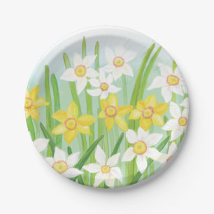 Assiettes En Carton Jonquilles printanières blanches et jaunes