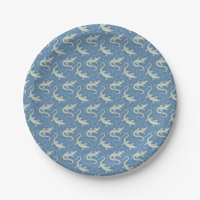 Assiettes En Carton Jouer Alligator Vert Paisley sur Bleu (Devant)