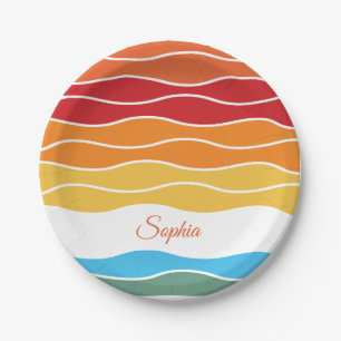 Assiettes En Carton Jouer Retro Rainbow Stripes pour produit personnal