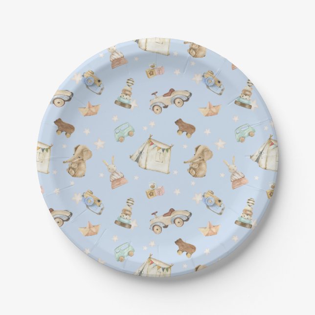 Assiettes En Carton Jouets Vintages Baby shower bleu (Devant)