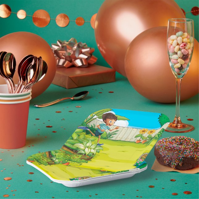 Assiettes En Carton Joueur garçon courir dans un Jardin vert luxuriant (Créateur téléchargé)