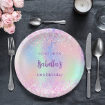 Assiettes En Carton Jour d'anniversaire rose violet<br><div class="desc">Un arrière - plan holographique à la mode fillette en rose,  violet,  vert menthe. Décoré avec des faux étincelles. Personnalisez et ajoutez un nom et un âge.</div>