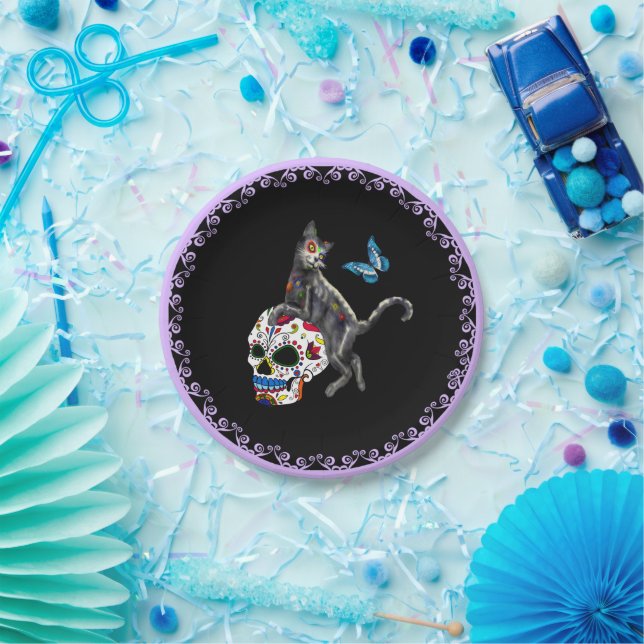 Assiettes En Carton Jour De La Morte Chat Crâne Sucre Et Papillon (Fête)