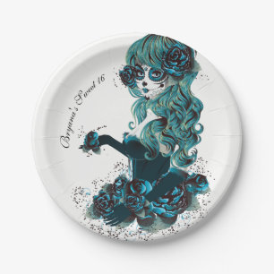 Assiettes En Carton Jour des Morts Belle Fille au Maquillage de Crâne 