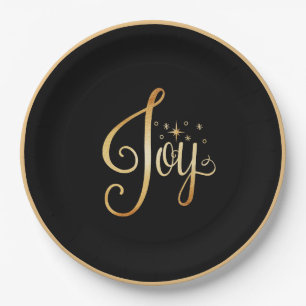 Assiettes En Carton "Joy" Black Gold Script Élégant vacances