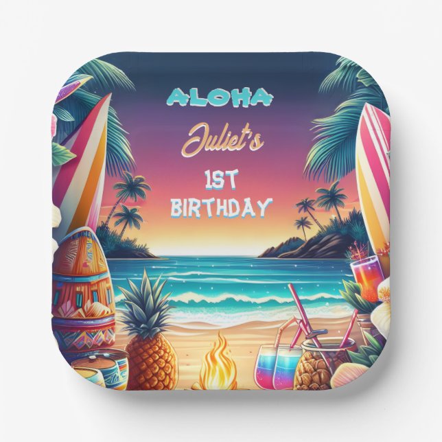 Assiettes En Carton Joy hula Luau Surf aloha hawaiian 1er anniversaire (Recto)