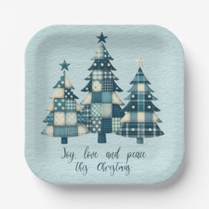 Assiettes En Carton Joy, Love and Peace Bleu À damiers arbres de Noël