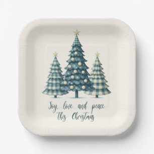 Assiettes En Carton Joy, Love and Peace Bleu À damiers arbres de Noël