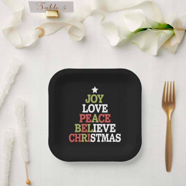 Assiettes En Carton Joy Love Peace Believe Christmas Tree Family (Mariage)