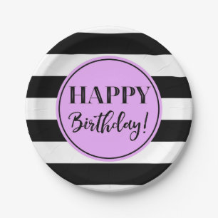 Assiettes En Carton Joyeuse fête d'anniversaire violet noir blanc rayu