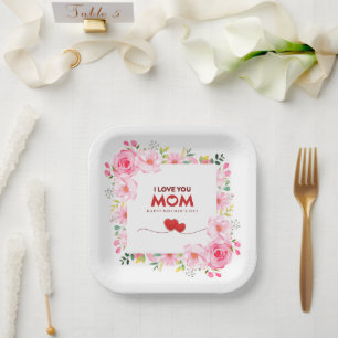 Assiettes En Carton Joyeuse Fête des Mères Aquarelle Floral Rose