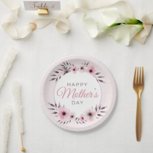 Assiettes En Carton Joyeuse Fête des Mères Aquarelle rose Fleurs flora