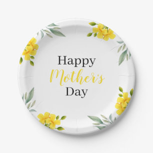 Assiettes En Carton Joyeuse Fête des Mères Fleurs Jaunes et Feuilles d