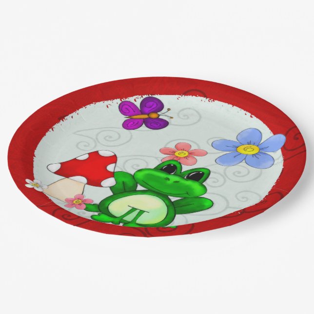 Assiettes En Carton Joyeuse Grenouille Au Printemps Anniversaire (Angle)