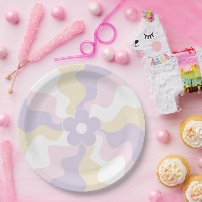 Assiettes En Carton Joyeuse marguerite rétro - rose pastel, jaune et v (Fête)