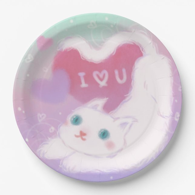 Assiettes En Carton Joyeuse Saint-Valentin avec chat blanc duveteux (Devant)