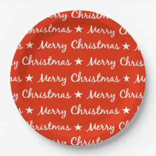 Assiettes En Carton Joyeuse typographie de Noël Motif rouge blanc