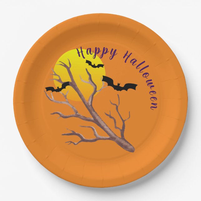 Assiettes En Carton Joyeuses chauves-souris d'Halloween et la plaque d (Devant)