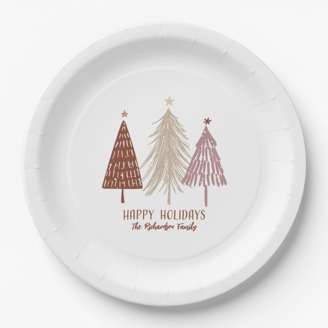 Assiettes En Carton Joyeuses Festives Joyeux Arbres de Noël Chic (Devant)