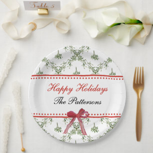 Assiettes En Carton Joyeuses fêtes Mistletoe Red Bow Custom Christmas