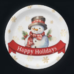 Assiettes En Carton Joyeuses fêtes Snowman Red & Gold Christmas Party<br><div class="desc">Joyeuses fêtes Snowman Red & Gold Fête Plaques de papier de Noël. Customisez-le pour votre fête d'anniversaire d'hiver ou votre fête de Noël !</div>