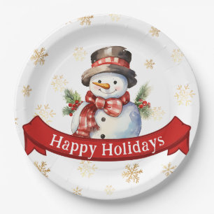 Assiettes En Carton Joyeuses fêtes Snowman Red & Gold Christmas Party