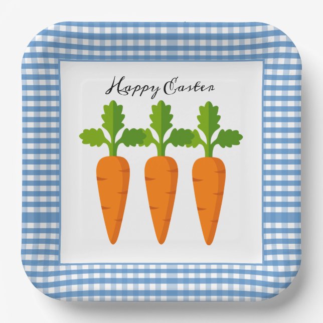 Assiettes En Carton Joyeuses Pâques bleu gingham avec motif carotte  (Recto)