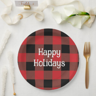 Assiettes En Carton Joyeuses vacances Noir & Rouge Plaid