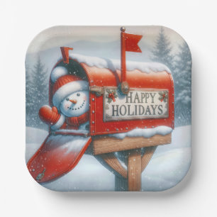 Assiettes En Carton Joyeuses Vacances Rouge Boîte aux lettres avec Sno