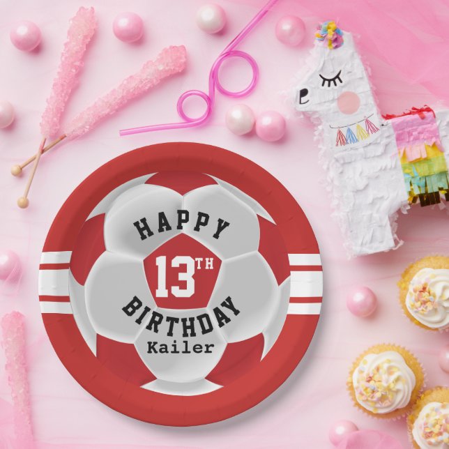 Assiettes En Carton Joyeux 00e anniversaire - Bal de football rouge (Fête)