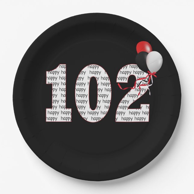 Assiettes En Carton Joyeux 102e anniversaire sur plaque de papier noir (Devant)