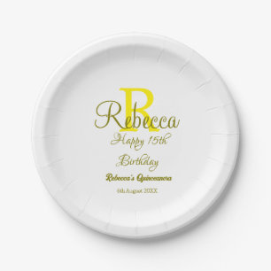 Assiettes En Carton Joyeux 15e anniversaire jaune ajouter nom monogram