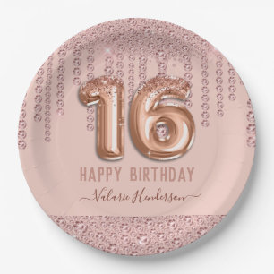 Assiettes En Carton Joyeux 16e anniversaire avec des gouttes de diaman