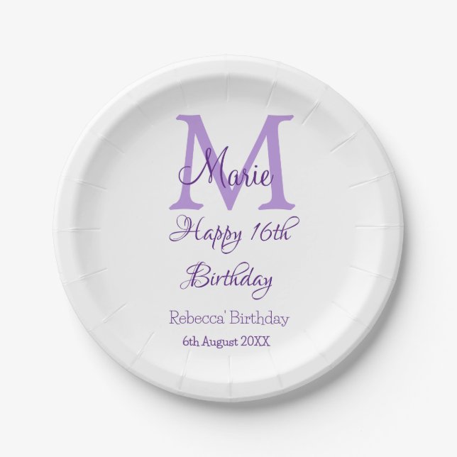 Assiettes En Carton Joyeux 16e anniversaire violet ajouter nom monogra (Devant)
