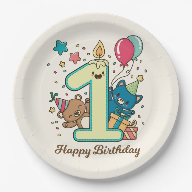 Assiettes En Carton Joyeux 1er anniversaire (Devant)