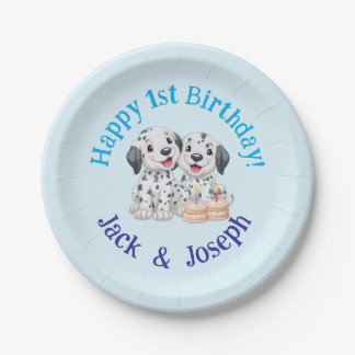 Assiettes En Carton Joyeux 1er anniversaire jumeaux garçons, Chiots mi