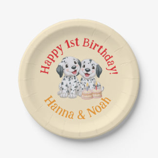 Assiettes En Carton Joyeux 1er anniversaire jumeaux, Neutre, Chiots  