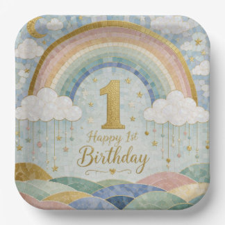 Assiettes En Carton Joyeux 1er Anniversaire Mosaic Arc-en-Ciel Nuage D