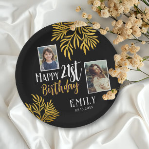 Assiettes En Carton Joyeux 21e anniversaire Gold Foliage 3 Photo Party