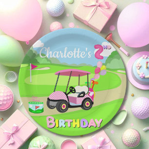 Assiettes En Carton Joyeux 2e Anniversaire Polka Dot Fille Rose Golf 