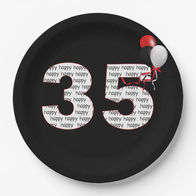 Assiettes En Carton Joyeux 35e anniversaire sur plaque de papier noir (Devant)