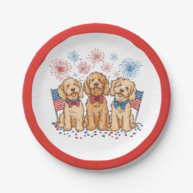 Assiettes En Carton Joyeux 4 juillet Goldendoodle Dogs Fireworks (Devant)