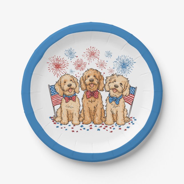 Assiettes En Carton Joyeux 4 juillet Goldendoodle Dogs Fireworks (Devant)