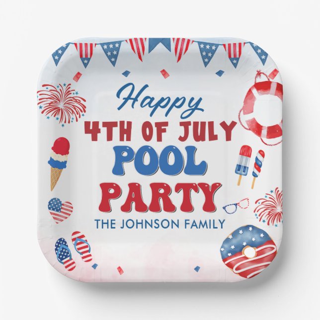 Assiettes En Carton Joyeux 4 juillet Pool Party été (Recto)