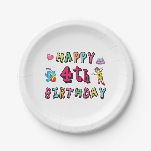 Assiettes En Carton Joyeux 4e anniversaire. 4 ans b-jour. (Devant)