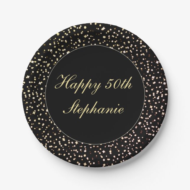 Assiettes En Carton Joyeux 50e anniversaire Sparkle Confetti Black Gol (Devant)