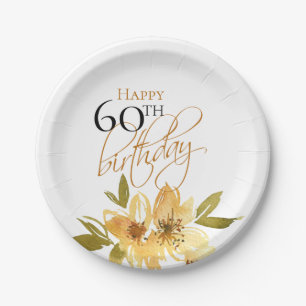 Assiettes En Carton Joyeux 60e anniversaire Fleur Jaune