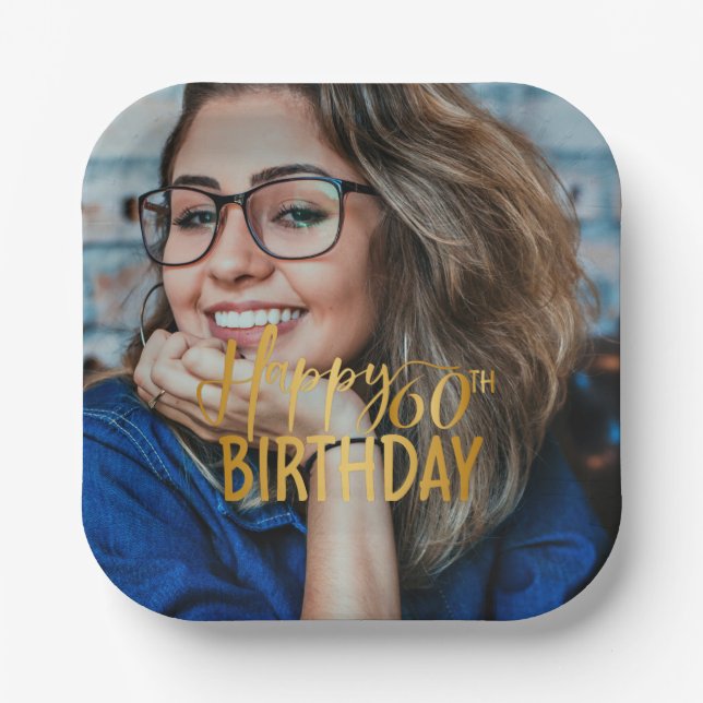 Assiettes En Carton Joyeux 60e anniversaire Script photo personnalisée (Recto)